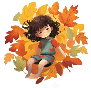 秋天躺着落叶上的女孩儿童树叶卡通插画免抠