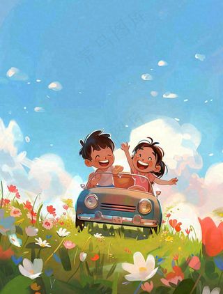 春夏开车环游踏青草丛花丛蓝天白云惊蛰立夏春分小暑卡通插画背景