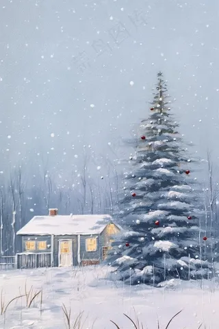 清新雪景圣诞树温馨背景