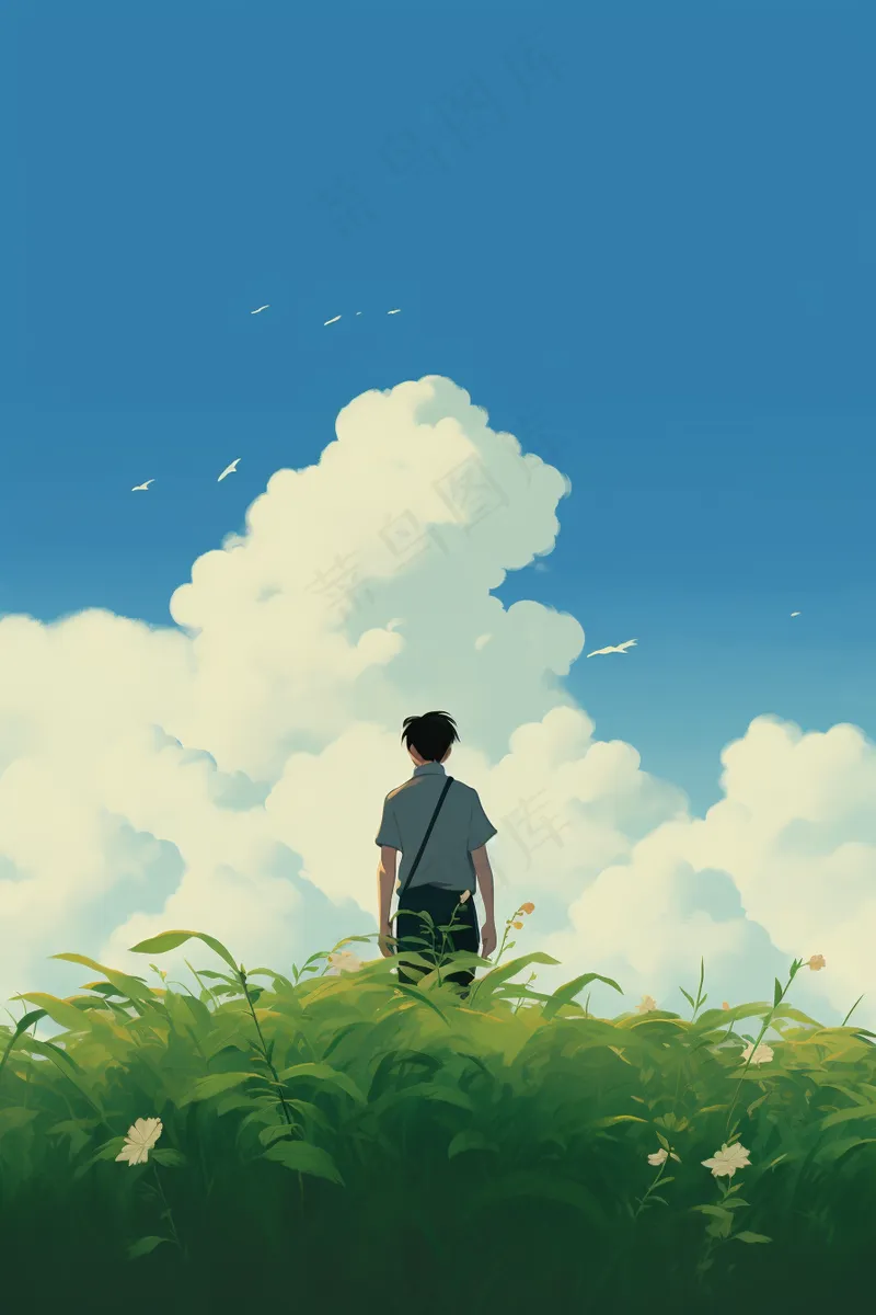 蓝天白云天空之境男孩随风卡通插画背景