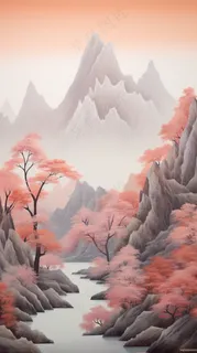 国风山水画河流花草国画水墨画素材背景
