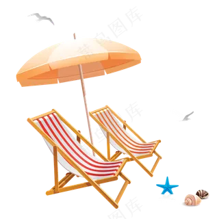 免抠海滩边的卡通条纹躺椅