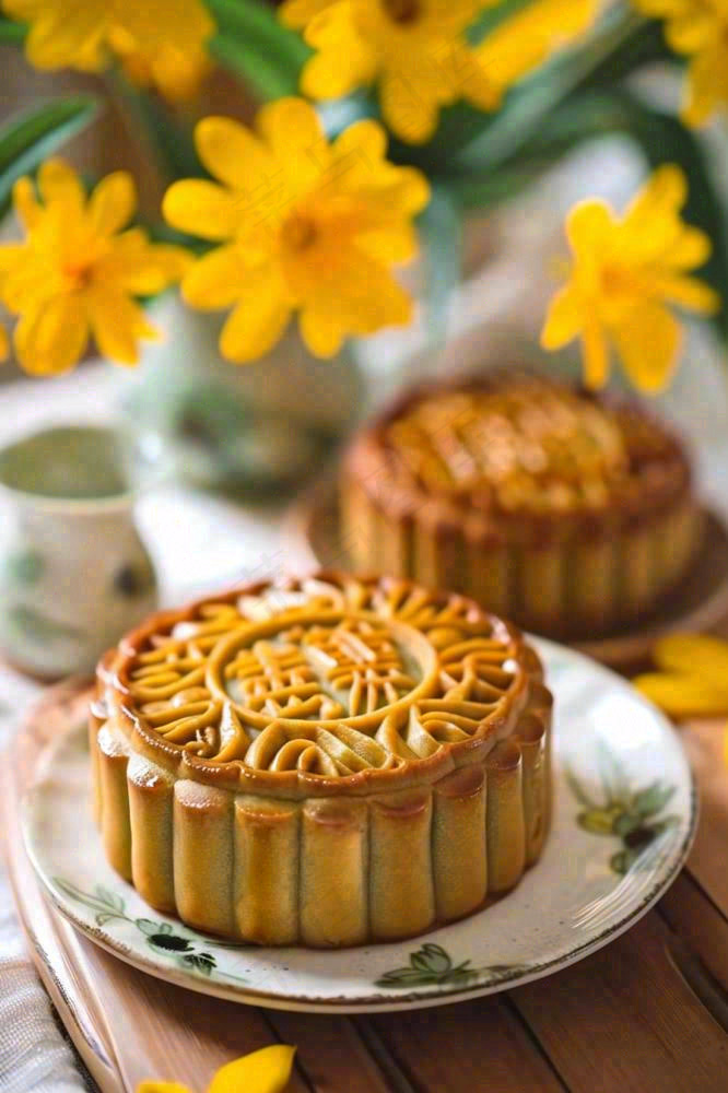 精美月饼中秋美食小清新鲜花装盘摄影图(896x1344)