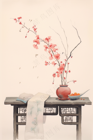 古风书桌台面花瓶花枝水墨画背景