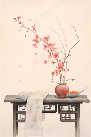 古风书桌台面花瓶花枝水墨画背景