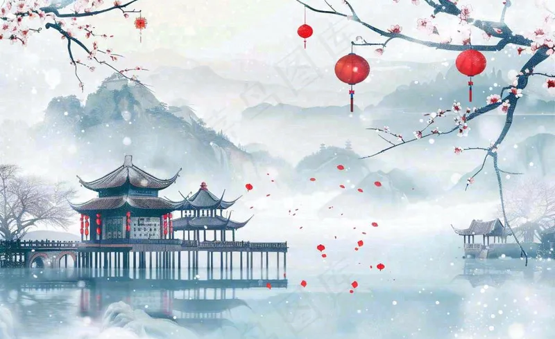 冬天雪景江南风景梅花枝头凉亭红灯笼寒露小雪冬至立冬卡通插画背景(1408x864)
