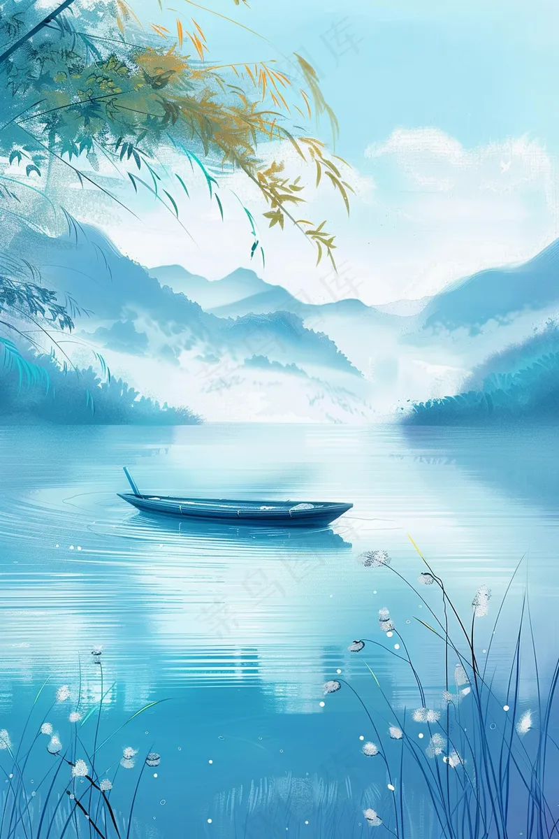 水墨山水画船帆芦苇荡青山插画背景(2688x4032)