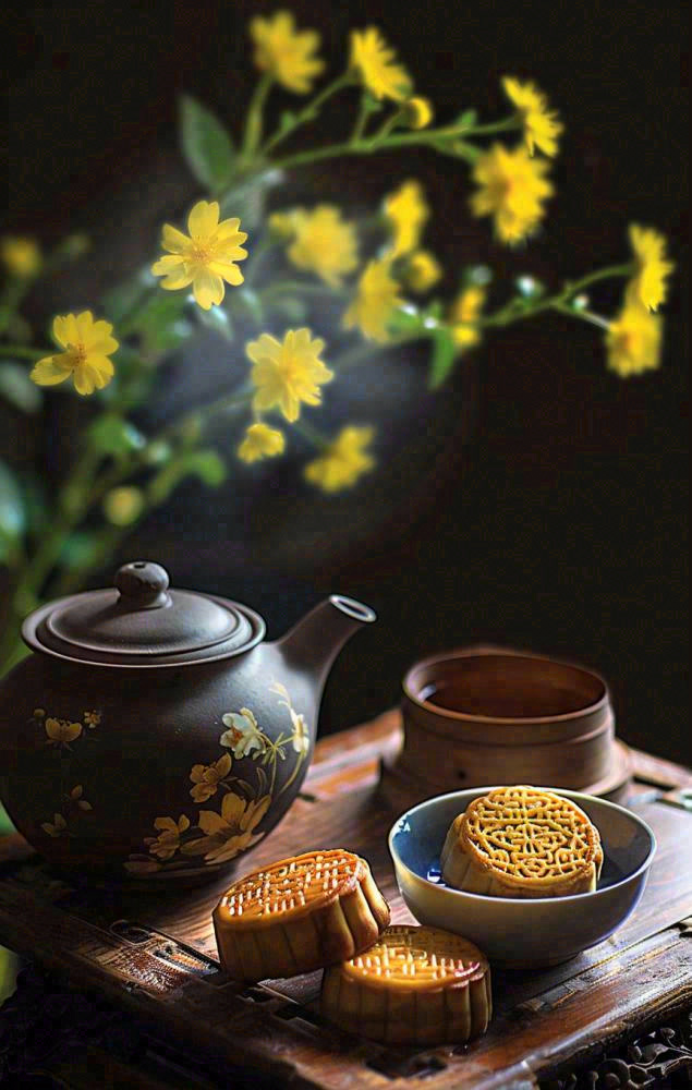 中秋月饼传统糕点美食圆月黄花摆盘精美摄影图(864x1360)