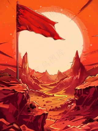 红色党建祖国山河剪影五角星城市旗帜建军建党油画插画背景