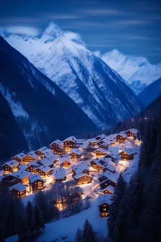 雪山下的小镇灯火通明摄影图