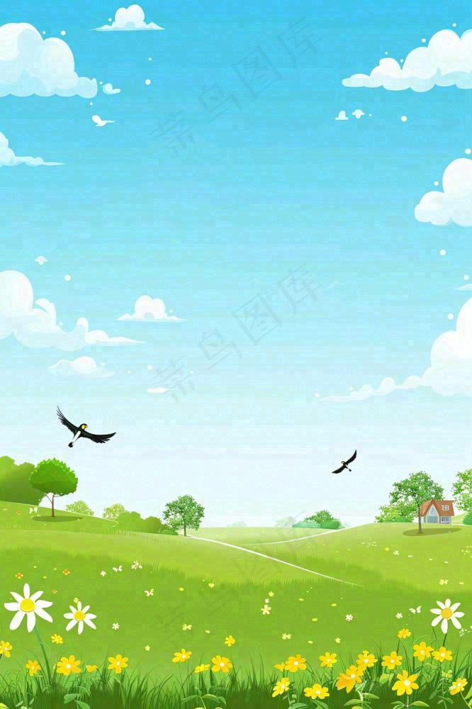 春天绿草地蓝天白云立春春分惊蛰小满卡通插画背景(896x1344)