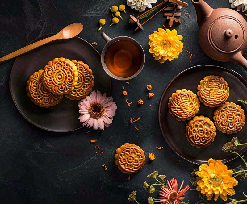 中秋美食月饼中国传统糕点摆盘装饰泡茶摄影图(1200x992)
