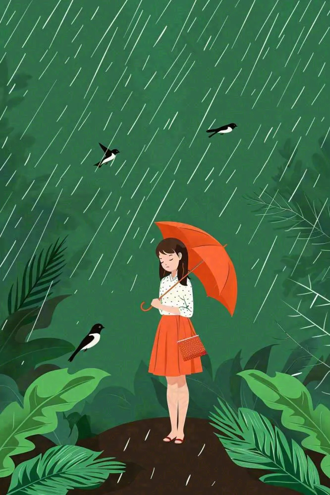 春天梅雨季红色女孩打雨伞户外绿色植物雨水谷雨卡通插画背景(896x1344)