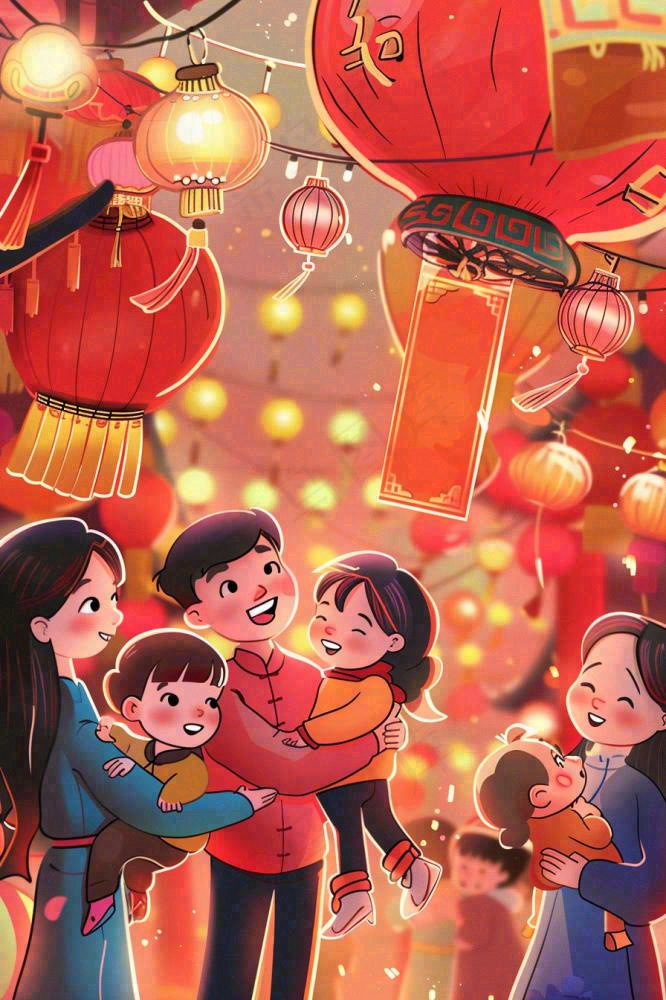 新年热闹的街道张灯结彩红色喜庆背景