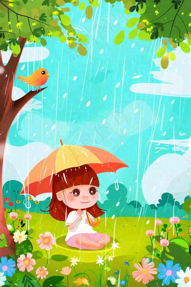 春天户外雨天打雨伞的小女孩坐着地上嬉水春游踏青唯美惊蛰雨水谷雨卡通插画背景(896x1344)