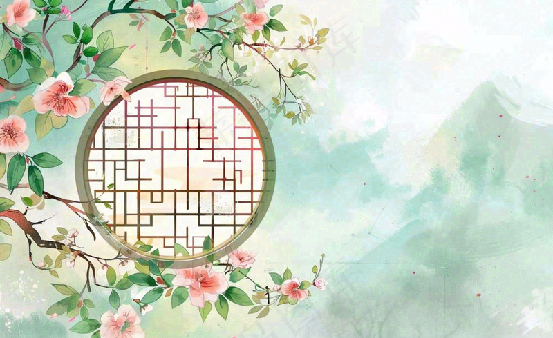 古风工笔画插画海棠樱花花鸟植物立春春天山水风景水彩背景(1408x864)