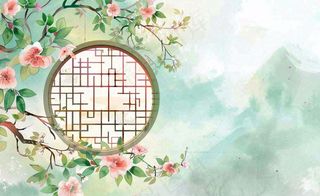 古风工笔画插画海棠樱花花鸟植物立春春天山水风景水彩背景