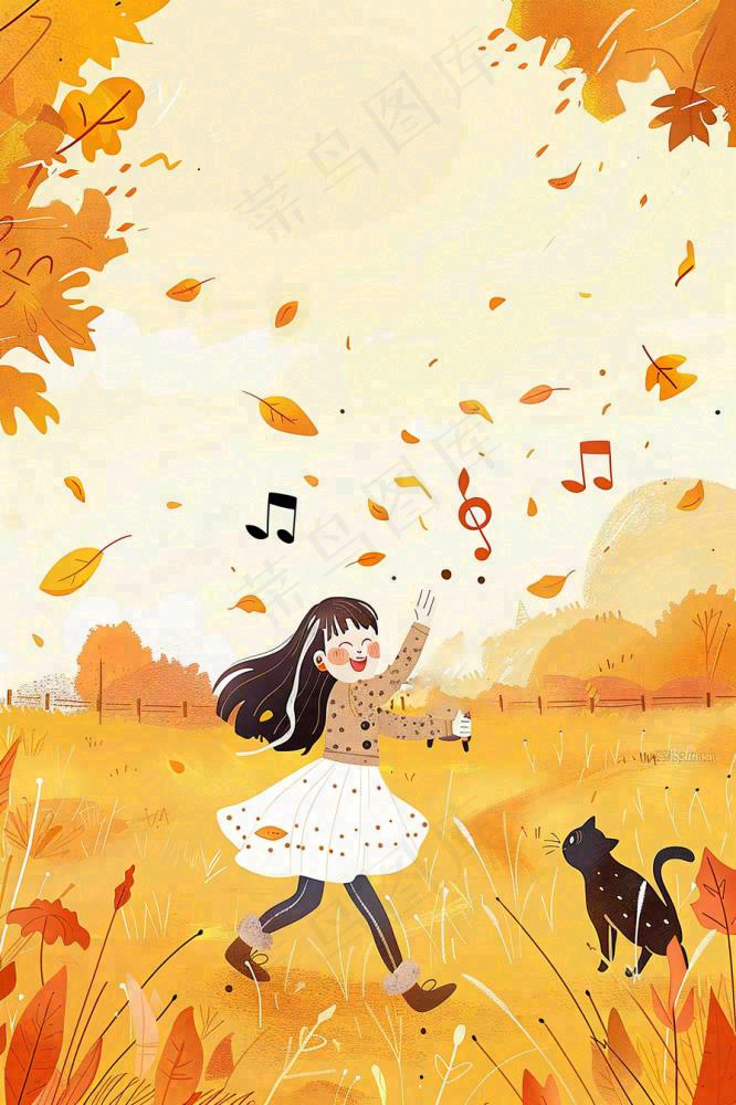 秋游展板梦幻秋景女孩秋游野餐欢乐音乐起舞动物动员立秋秋分卡通插画背景