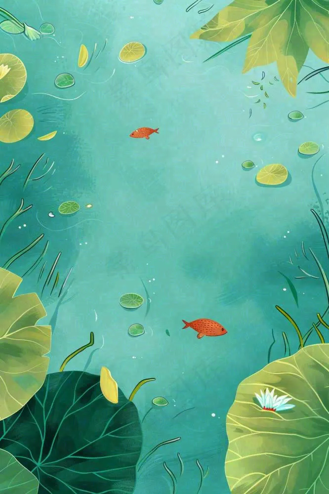 夏日池塘荷花睡莲水塘立夏小暑大暑处暑插画背景(896x1344)