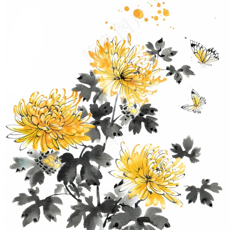 水墨菊花蝴蝶清明中秋插画免抠(1024x1024)