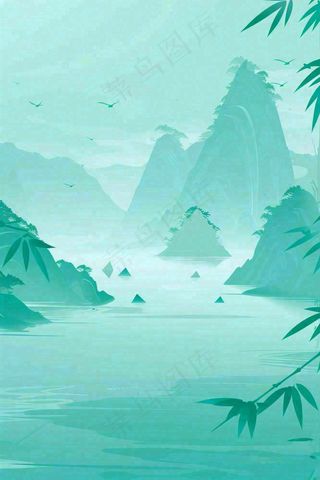 水墨画山水竹林绿色清明端午插画背景