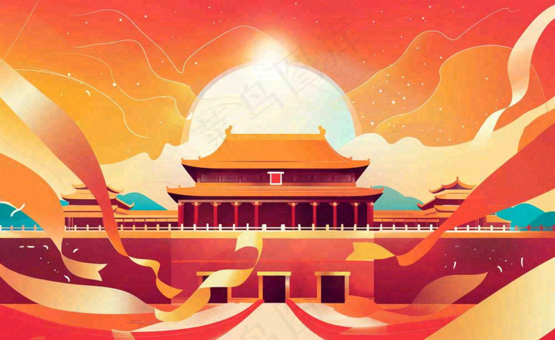 祖国繁荣昌盛插画*红色喜庆庆祝山河国庆建军建党国潮风插画背景(1408x864)