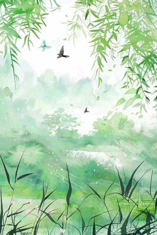 春天春暖花开柳树燕子草丛春游踏青立春惊蛰春分水彩插画背景