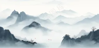 山水水墨画云层山峰中国风插画背景