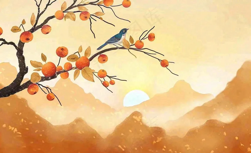 秋天柿子树枝条的小鸟夕阳西下日出金秋秋分立秋重阳插画背景(1408x864)
