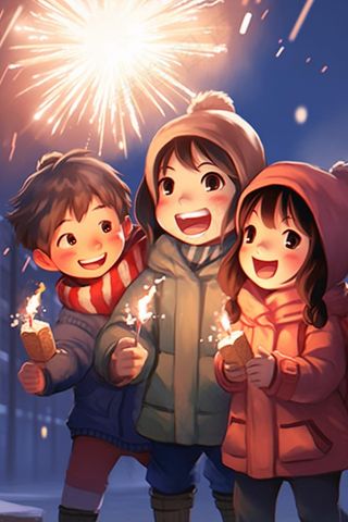 新年除夕放烟花爆竹的孩童庆祝新年喜庆卡通插画背景