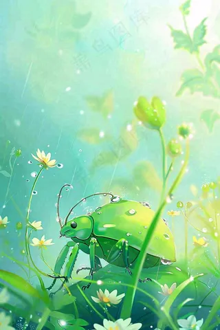 春天绿色甲壳虫昆虫草丛花朵雨水谷雨惊蛰卡通插画背景