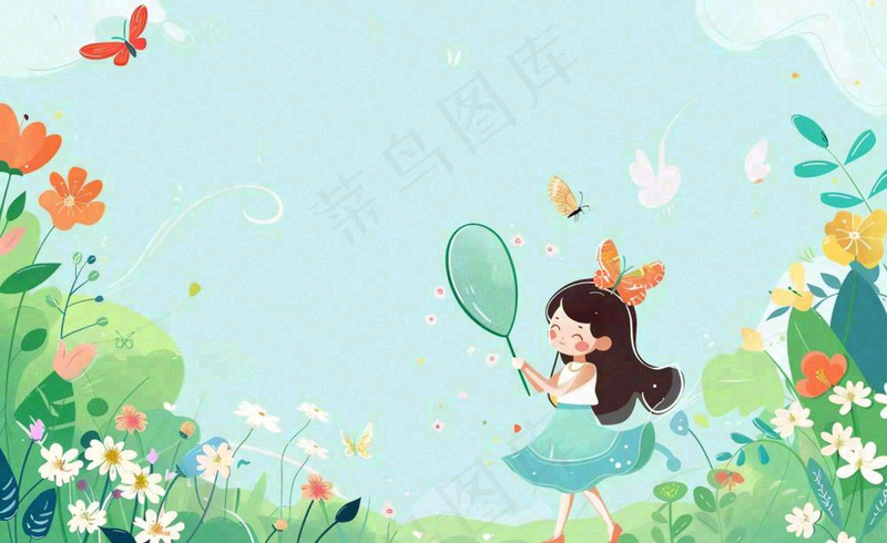 春天女孩在花丛里扑蝴蝶玩耍儿童节踏青春分插画背景(1408x864)