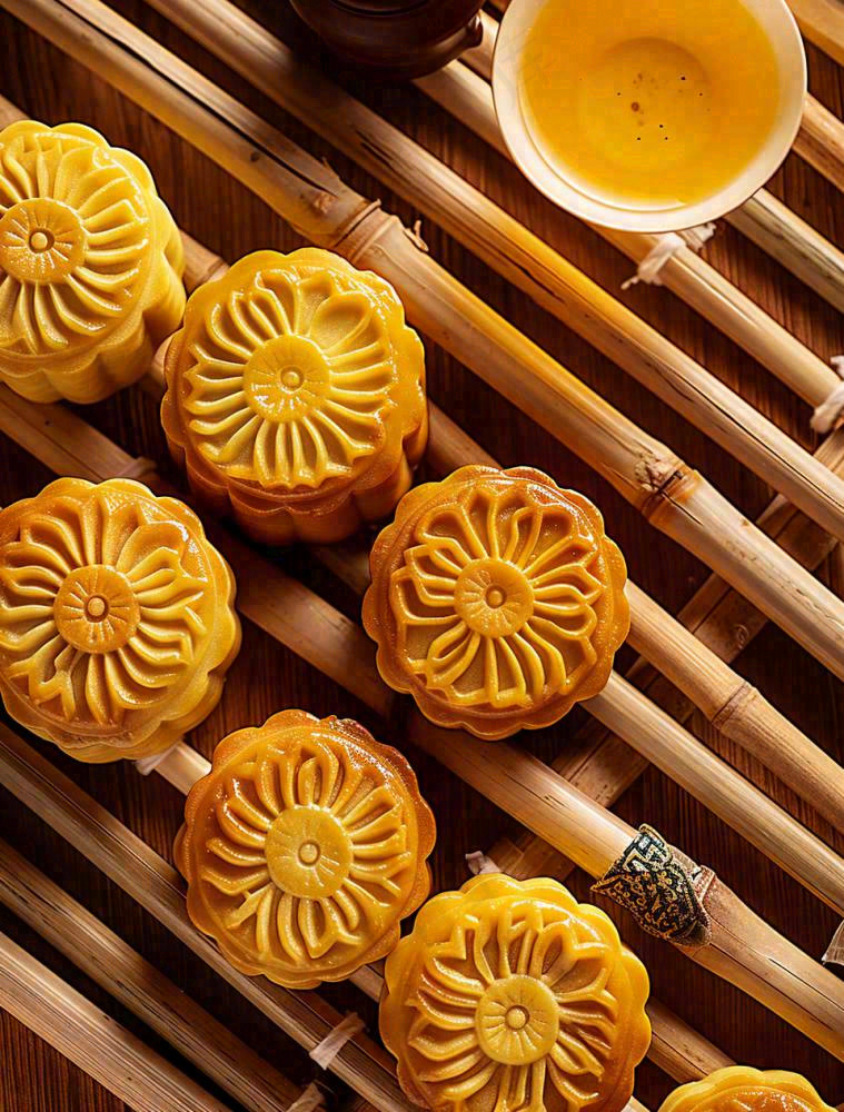 中国传统糕点月饼竹制托盘上的月饼中秋节木制背景摄影图