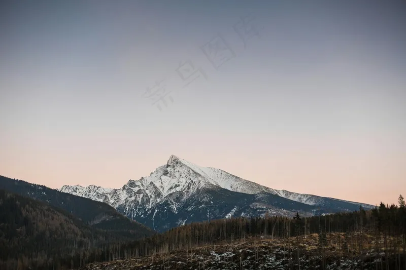 雪顶山峰森林与暮色天空