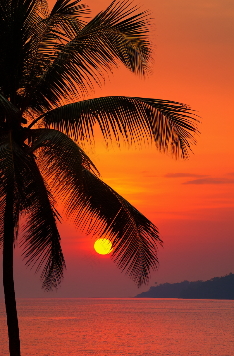 夏日沙滩椰树海边落日余晖晚霞摄影图