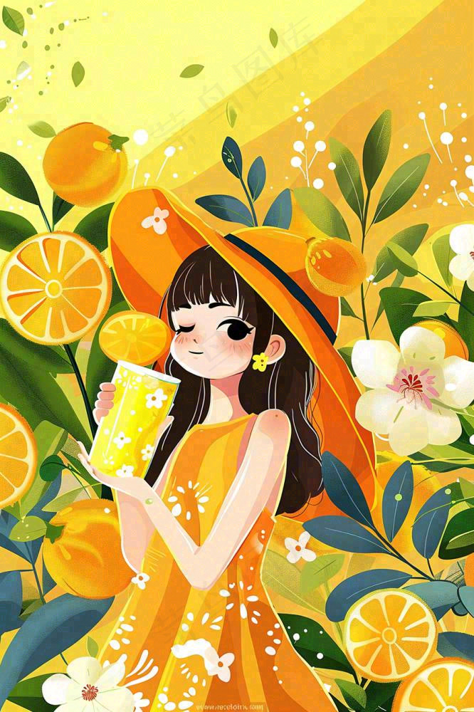 夏天喝橙汁的女孩橘黄色度假风鲜花花丛清凉解暑立夏大暑小暑夏至卡通插画背景(896x1344)