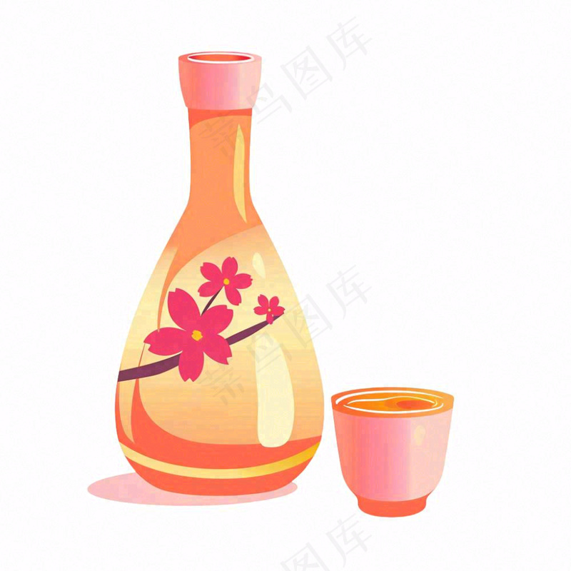 粉色樱花烧酒瓶酒杯水彩插画免抠(1024x1024)