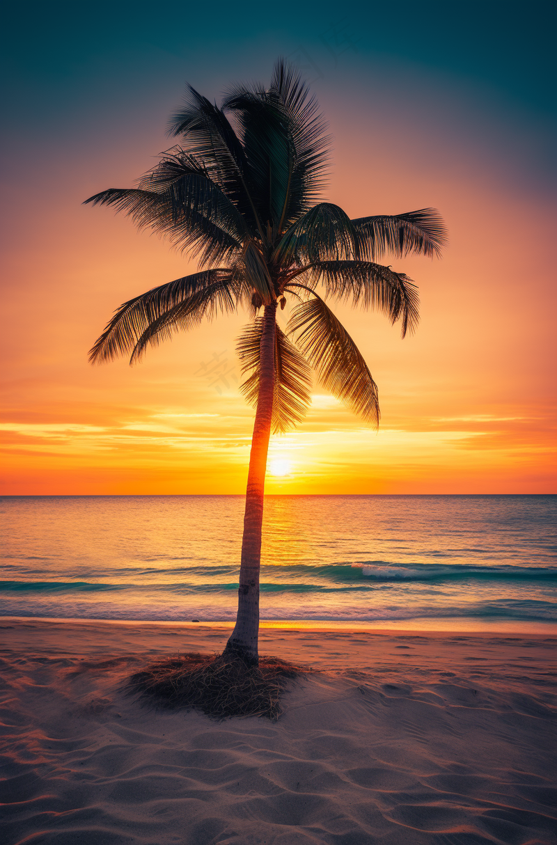 海边沙滩夕阳晚霞日出椰树摄影图