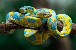 蛇盘踞在树枝上爬行动物摄影图