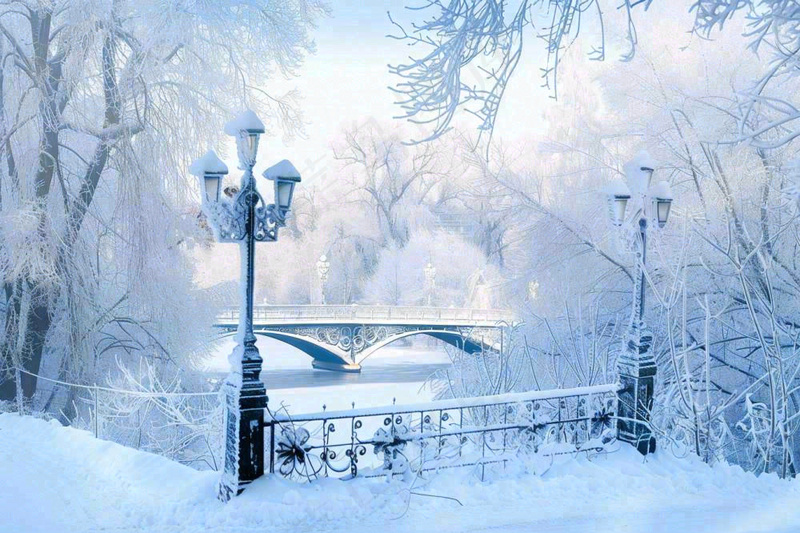 冬天白雪皑皑雪景河流街道路灯桥小雪大雪冬至雪花背景