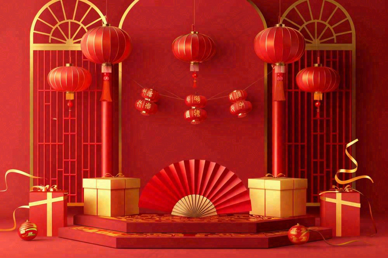 红金创意喜庆新年扇子鼓灯笼C4D展台背景新年春节小年电商背景