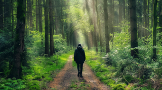 森林漫步阳光透过树枝丁达尔效应摄影图