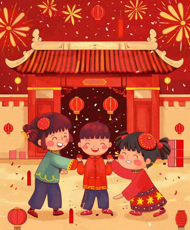 新年热闹儿童在家门口放烟花春节喜庆庆祝春节小年除夕夜元宵卡通插画背景(992x1200)