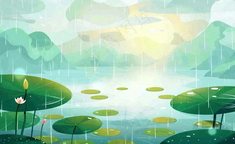 夏日荷花盛开暴雨天气山水花处暑小暑卡通插画背景(1408x864)