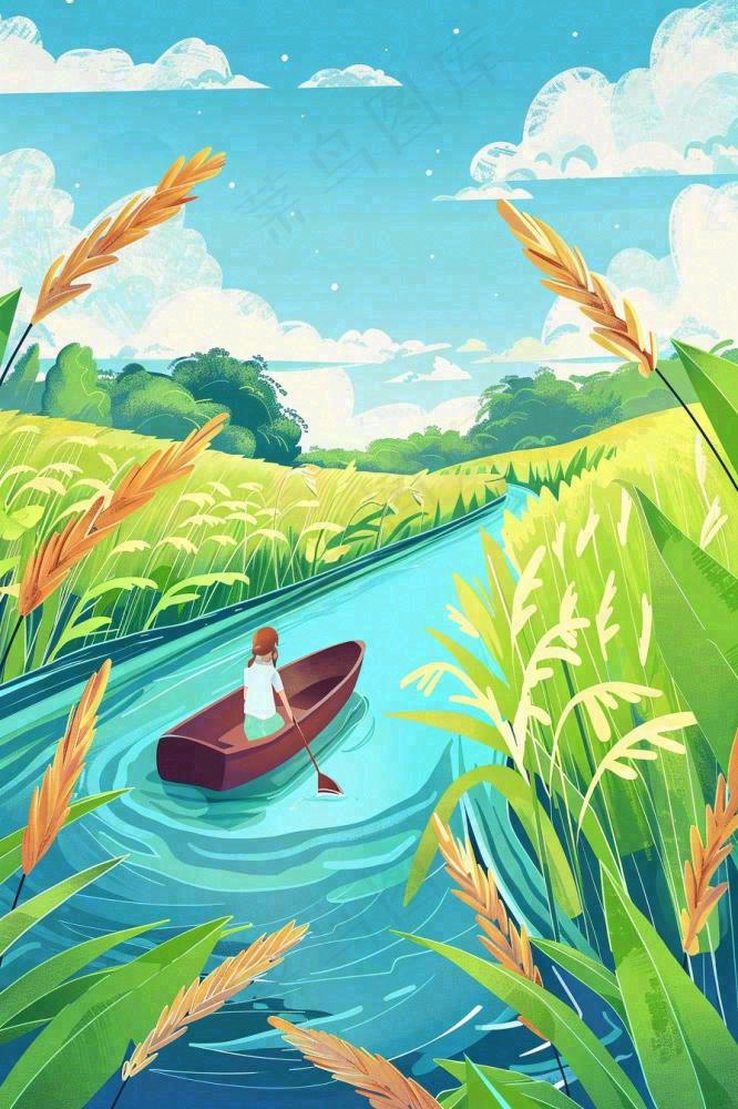 春天小麦田里的河流女孩坐船小麦麦穗小满芒种惊蛰卡通插画背景