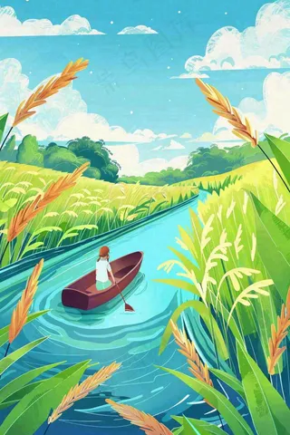 春天小麦田里的河流女孩坐船小麦麦穗小满芒种惊蛰卡通插画背景