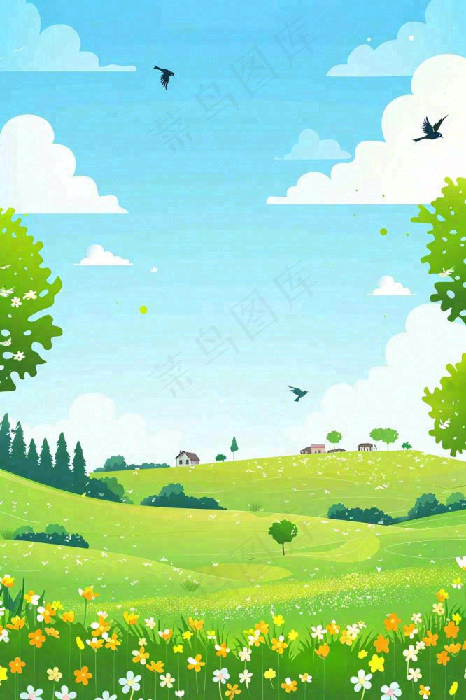 春天绿草地蓝天白云立春春分惊蛰小满卡通插画背景(896x1344)
