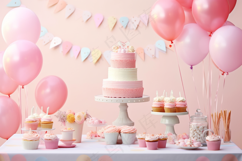 生日蛋糕派对气球粉色庆祝生日摄影图