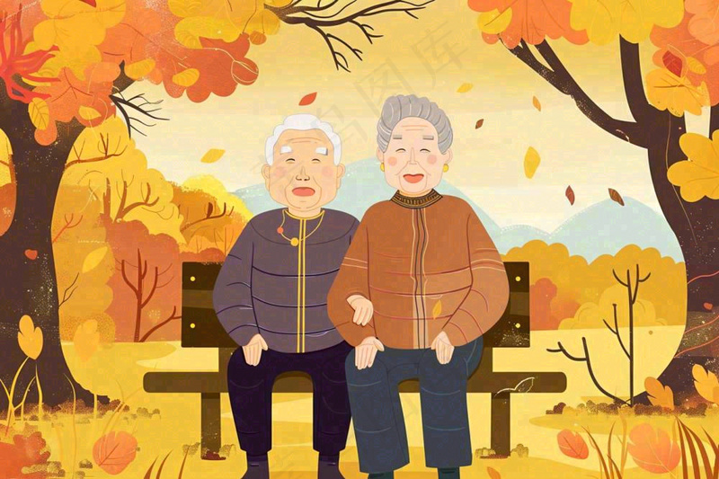 秋天公园长椅坐着的老年夫妻老人互相陪伴黄树落叶重阳佳节卡通插画背景(1344x896)
