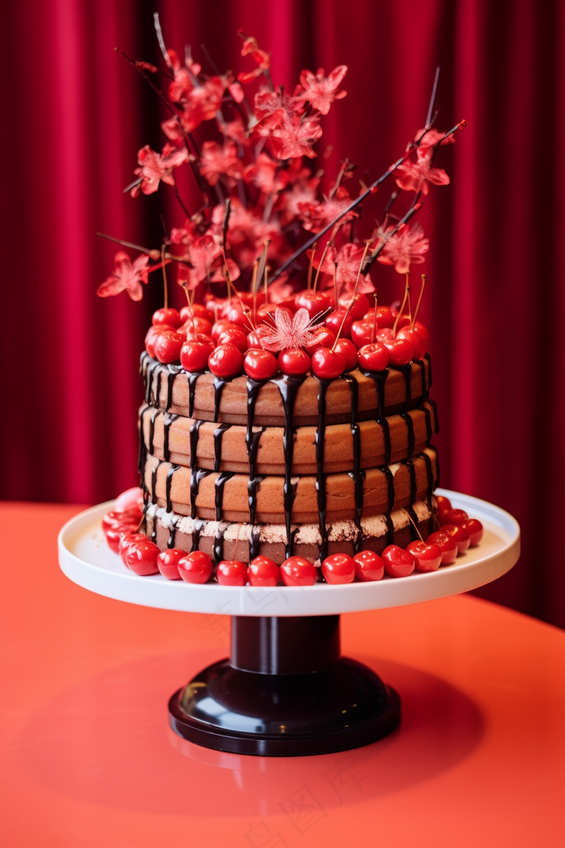 巧克力樱桃蛋糕节日甜点摄影图